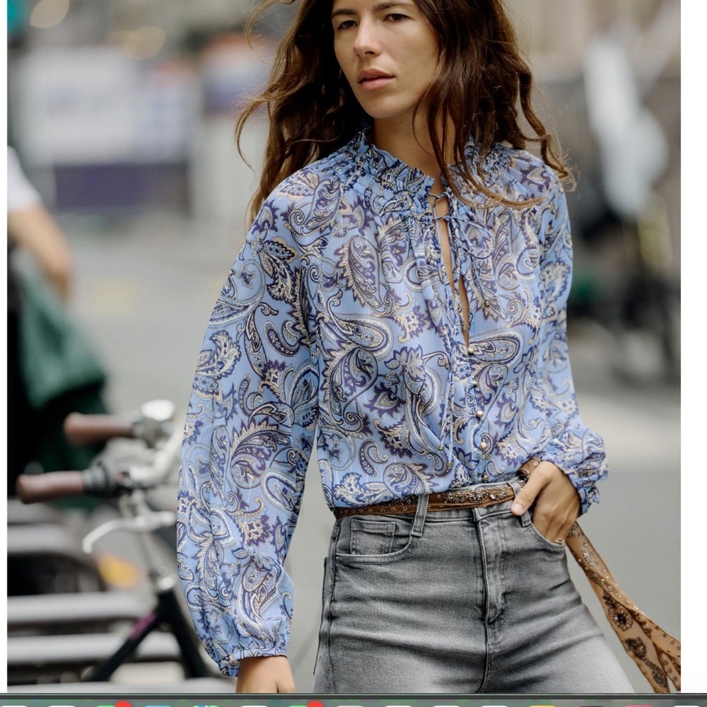 ZARA Paisley Print Boho Semi Sheer Long Sleeve Button Down Work Blouse Size XS
